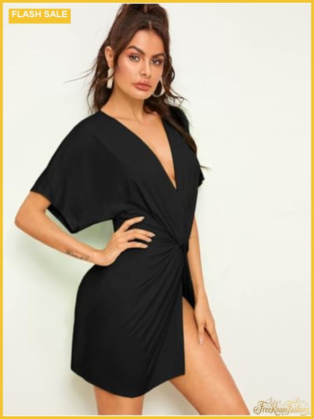 Twisted Deep V Neck High Slit Bodycon Mini Dress with Short Sleeves - Picture 2 of 5